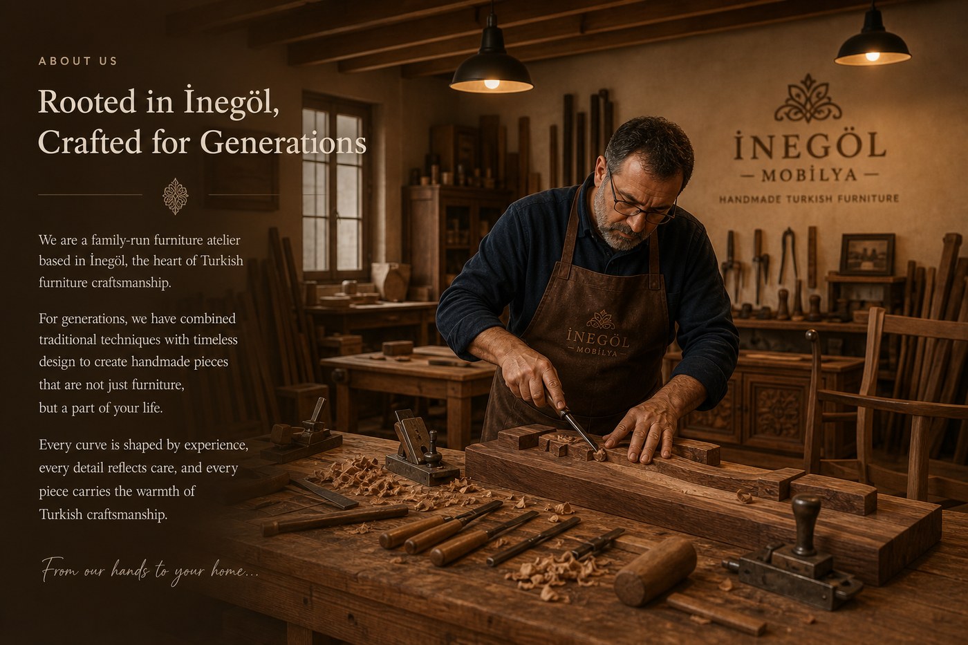Walnut Works atölyesi — İnegöl mobilya üretim tesisi